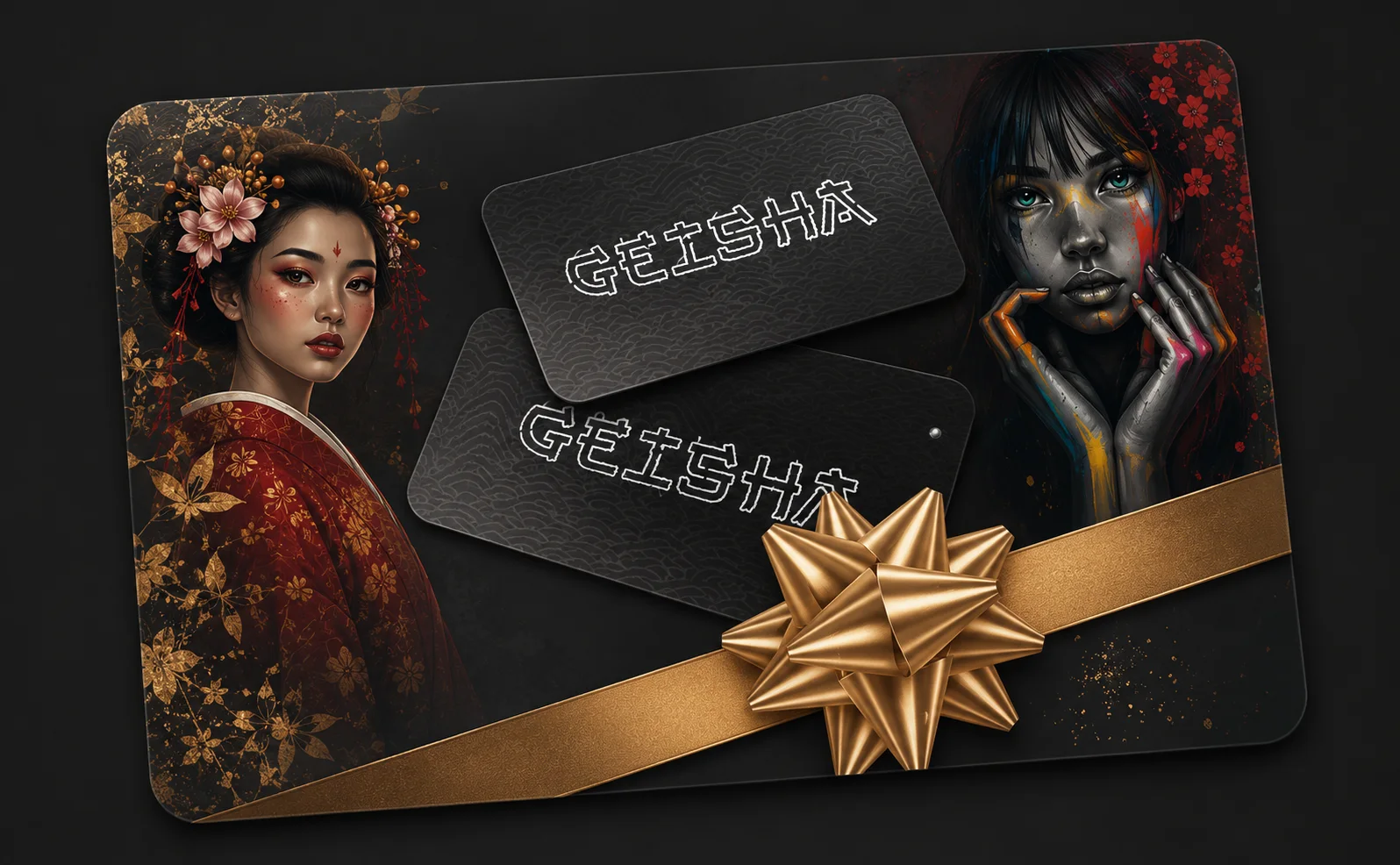 Geisha gift cards — the illustrated card and two black Geisha cards, tied with a gold ribbon