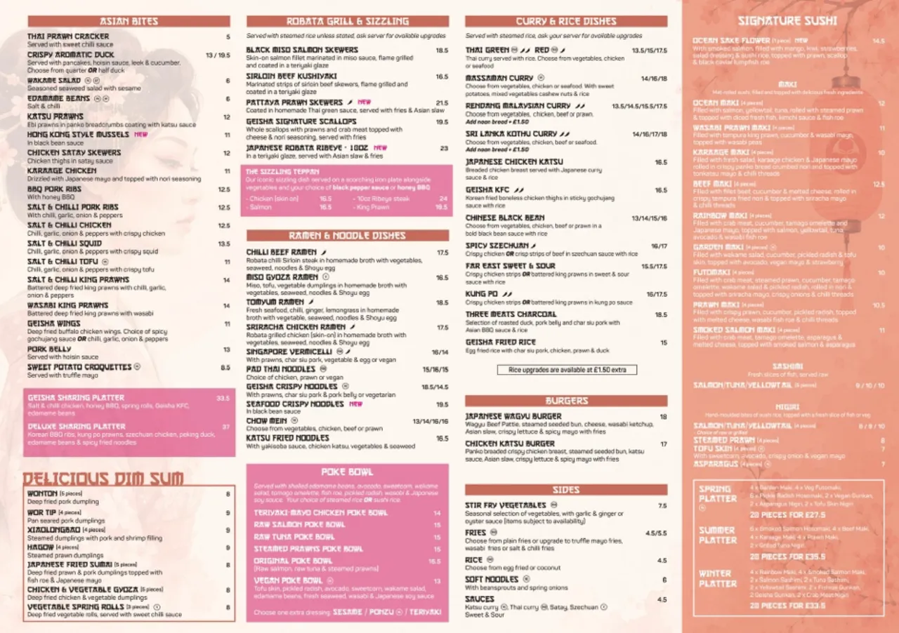 Geisha Asia menu — Asian bites, dim sum, robata, ramen, curry, sushi